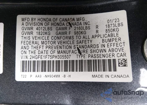 2023 Honda Civic Ex/Ex W/O Bsi from USA, damaged, VIN 2HGFE1F75PH305507